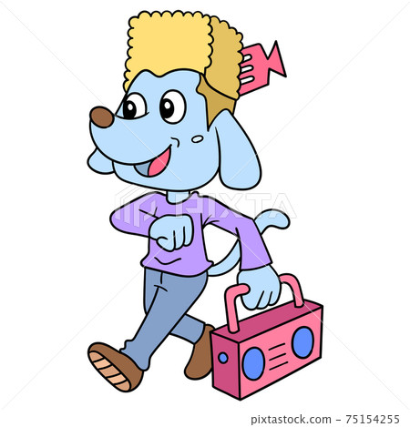 afro haired dog walking with a happy face carrying a radio, doodle icon image kawaii afro haired dog walking with a happy face carrying a radio, doodle icon image kawaii 75154255