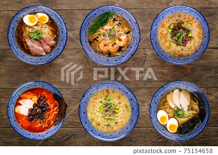 Assorted variety of different ramen noodle soups Assorted variety of different ramen noodle soups 75154658