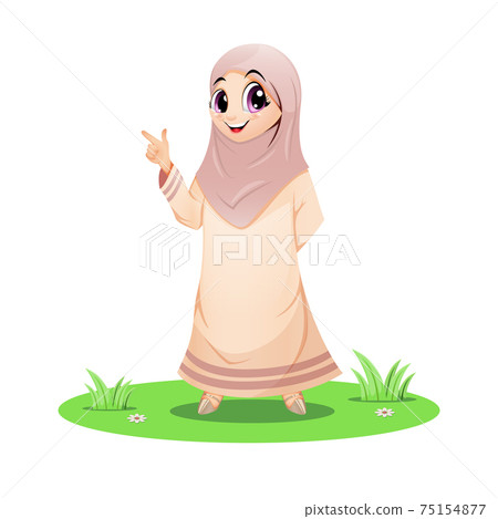 Cute Muslim girl standing in the grass and pointing his finger up 75154877