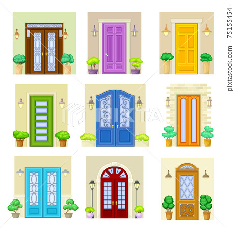 Front Door Facade with Decorative Bushes in Cachepot and Light Vector Set Front Door Facade with Decorative Bushes in Cachepot and Light Vector Set 75155454