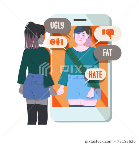 Young Female as Victim of Cyberbullying Suffering from Violence and Hatred from Social Media Vector Illustration Young Female as Victim of Cyberbullying Suffering from Violence and Hatred from Social Media Vector Illustration 75155626