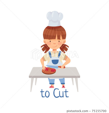 Pretty Little Girl in Apron at Kitchen Table Cutting with Knife Vector Illustration 75155700