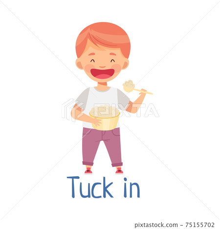 Little Boy at Kitchen Tucking Porridge in with Spoon Vector Illustration 75155702