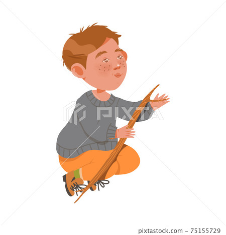 Freckled Boy Sitting with Tree Branch Playing Outdoor Vector Illustration 75155729