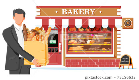 Bakery shop building facade with man customer 75156632