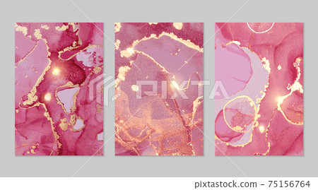 Set of templates for banner, poster design with shiny magenta and gold marble texture 75156764