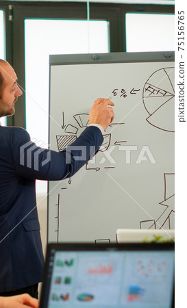 Professional business coache company leader teacher offering flip chart presentation 75156765