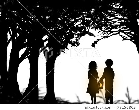 一個哥哥的剪紙插圖，一盞燈在樹林裡徘徊，一個害怕的妹妹 75156802