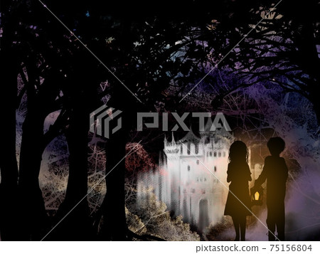 月光和浮雲，一個帶燈的兄弟和一個受驚的姐姐的剪紙插圖，一個姐姐在樹林裡徘徊並找到了一座城堡 75156804
