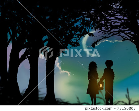 一個帶燈的哥哥和一個害怕的妹妹在月光和浮雲森林中游蕩的剪紙插圖 75156805