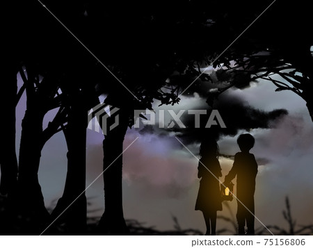 一個帶燈的哥哥和一個害怕的妹妹在月光和浮雲森林中游蕩的剪紙插圖 一個帶燈的哥哥和一個害怕的妹妹在月光和浮雲森林中游蕩的剪紙插圖 75156806