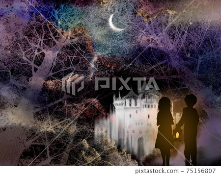 月光和浮雲，一個帶燈的兄弟和一個受驚的姐姐的剪紙插圖，一個姐姐在樹林裡徘徊並找到了一座城堡 75156807