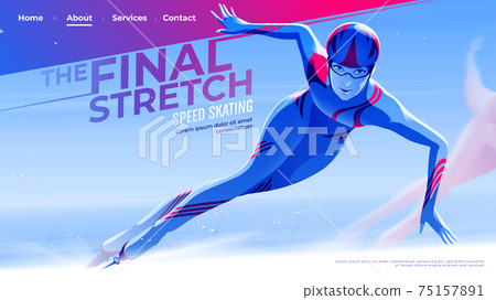 Vector illustration for UI or a landing page in speed skating theme of the female skate athlete is exiting the curve into the final stretch. 75157891