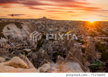 Goreme at sunset. Cappadocia, Turkey. Travel in Cappadocia. 75158895