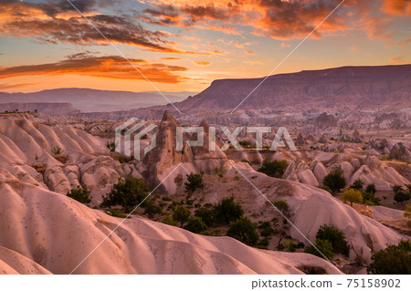 Rocky landscape in Cappadocia at sunset, Turkey. 75158902
