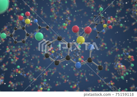 Diazoxide molecule. Ball-and-stick molecular model. Chemistry related 3d rendering 75159118