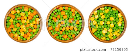 Mixed vegetables in wooden bowls. Three mixes of green peas, corn and carrot cubes. Mix of peas, carrots cut in cubes and vegetable maize, also called sugar or pole corn. Close up, macro, food photo. 75159595