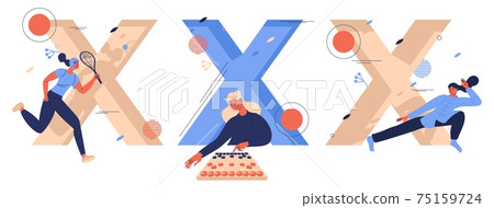 Sport letters X collection with women training xare game, xiangqi chinese chess and xingyiquan. Female characters smiling and playing Sport letters X collection with women training xare game, xiangqi chinese chess and xingyiquan. Female characters smiling and playing 75159724