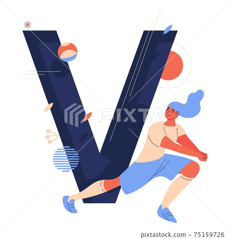 Capital letter V and woman playing volleyball. Casual sport clothes, shorts and ball, female character ready for pass isolated on white Capital letter V and woman playing volleyball. Casual sport clothes, shorts and ball, female character ready for pass isolated on white 75159726