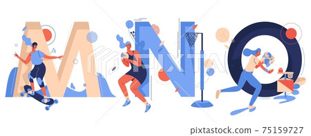 Sport and active lifestyle characters with capital letters M for mountainboarding, N for netball and O for orienteering. Cartoon women running, ready for throw and riding board 75159727