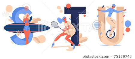 Sport letters with training women smiling. English alphabet character S for surfing, T for tennis, U for unicycle. Concept illustration drawn in blue and orange in cartoon style Sport letters with training women smiling. English alphabet character S for surfing, T for tennis, U for unicycle. Concept illustration drawn in blue and orange in cartoon style 75159743