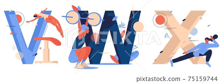Vector sport letters collection with woman characters during training. V for vaulting table jump, W for weightlifting, X for xingyiquan martial art. Isolated on white background concept alphabet Vector sport letters collection with woman characters during training. V for vaulting table jump, W for weightlifting, X for xingyiquan martial art. Isolated on white background concept alphabet 75159744