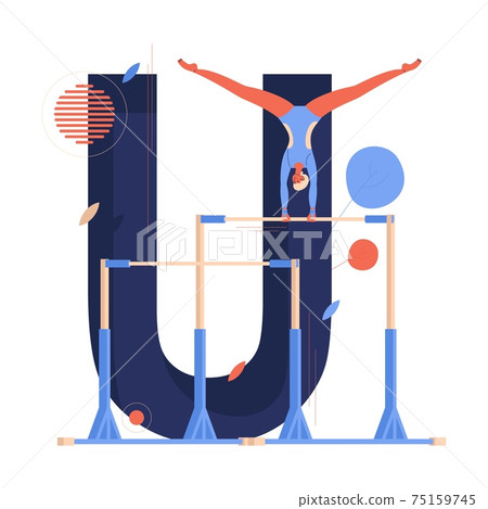 Uneven bars concept illustration with woman gymnast doing routine flying performance element and capital letter U on background. Cartoon character drawn in blue and orange Uneven bars concept illustration with woman gymnast doing routine flying performance element and capital letter U on background. Cartoon character drawn in blue and orange 75159745