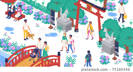 Vector illustrations (isometric, isometric) of hydrangea-blooming shrines and people's living landscapes (cityscape, townscape) 75160348