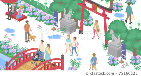 Vector illustrations (isometric, isometric) of hydrangea-blooming shrines and people's living landscapes (cityscape, townscape) 75160523