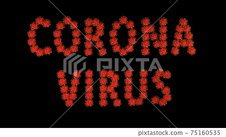 Inscription corona virus of red molecules of covid-19 virus on black background. Inscription corona virus of red molecules of covid-19 virus on black background. 75160535
