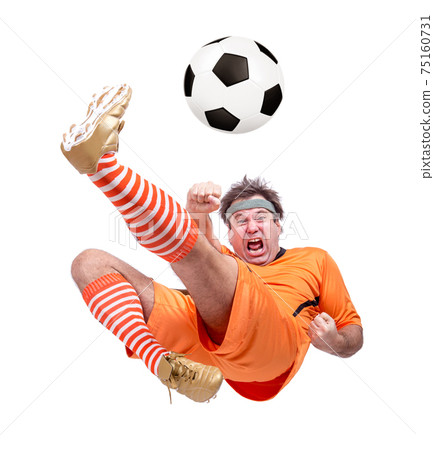 Soccer football player kicking the ball isolated on a white background Soccer football player kicking the ball isolated on a white background 75160731