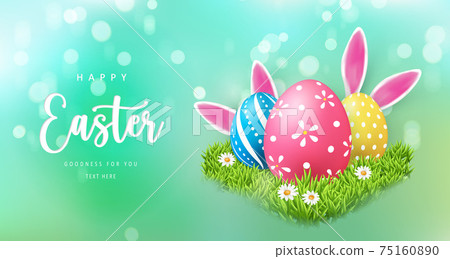 Happy Easter banner template with Easter eggs and green grass daisy flower rabbit ear 75160890