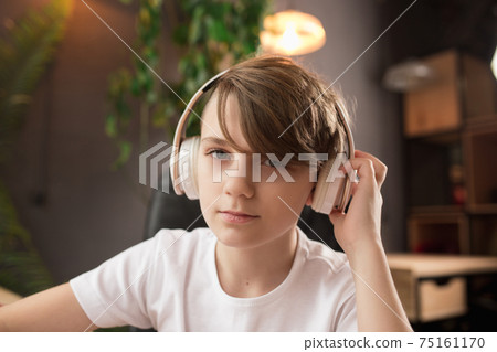 Little boy wearing headphones during online education course, lesson, view of screen 75161170