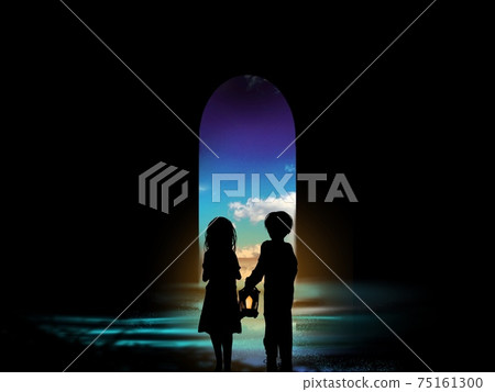 哥哥在門口發現一盞燈和一個害怕的姐姐的剪紙插圖,在那裡您可以看到藍天和黑暗中的浮雲 哥哥在門口發現一盞燈和一個害怕的姐姐的剪紙插圖,在那裡您可以看到藍天和黑暗中的浮雲 75161300