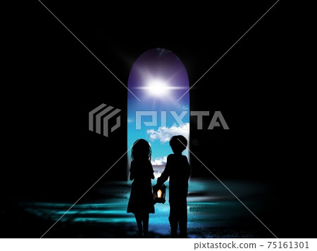 哥哥在門口發現一盞燈和一個害怕的姐姐的剪紙插圖，在那裡您可以看到藍天和黑暗中的浮雲 75161301