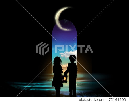 哥哥在門口發現一盞燈和一個害怕的姐姐的剪紙插圖，在那裡您可以看到藍天和黑暗中的浮雲 75161303