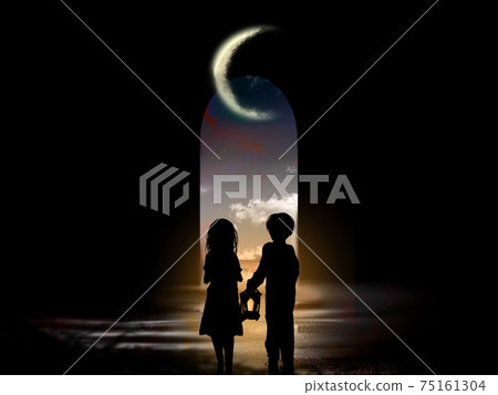 哥哥在門口發現一盞燈和一個害怕的姐姐的剪紙插圖，在那裡您可以看到藍天和黑暗中的浮雲 75161304