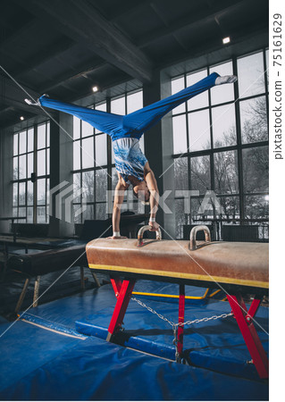 Little male gymnast training in gym, flexible and active. Caucasian fit little boy, athlete in sportswear practicing in exercises for strength, balance. Little male gymnast training in gym, flexible and active. Caucasian fit little boy, athlete in sportswear practicing in exercises for strength, balance. 75161629