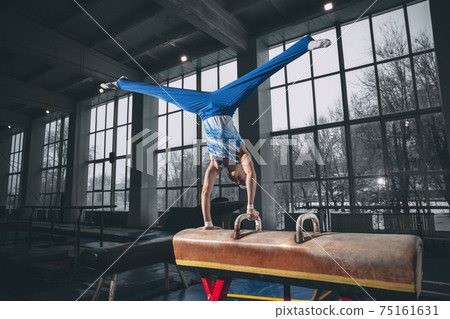 Little male gymnast training in gym, flexible and active. Caucasian fit little boy, athlete in sportswear practicing in exercises for strength, balance. Little male gymnast training in gym, flexible and active. Caucasian fit little boy, athlete in sportswear practicing in exercises for strength, balance. 75161631