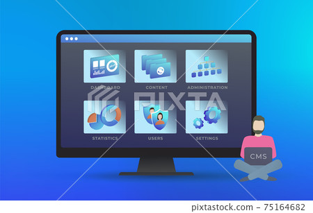 Content management system - Web site management software CMS concept. Edit and change design, user and configuration settings, create and publish arcticles, administration, statistics 75164682