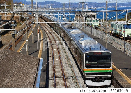 Tokaido Line arriving at Nebukawa Station on the coastline 75165449