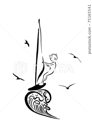 Asian man windsurfing. Young man standing on the board with sail for surfing. Man learning to windsurf. Windsurfer training on the water. Vector flat design illustration isolated on white background. 75165541