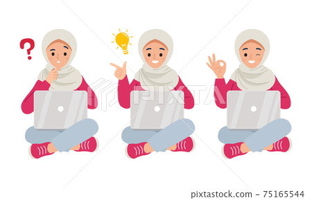 Set of young woman sitting with laptop thinking of a problem and showing okay gesture and idea. Flat vector cartoon design Set of young woman sitting with laptop thinking of a problem and showing okay gesture and idea. Flat vector cartoon design 75165544