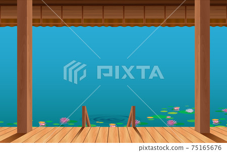 landscape of wooden house at thre river in day time 75165676