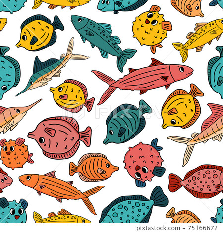 Bright Seamless pattern of Doodle isolated pink yellow blue outline cartoon vector fish, tang, flounder, tuna, ocean burrfish, sea marlin. Illustration on white background for children book or prints. 75166672