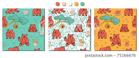 Set of Seamless repeat patterns of hand drawn walking and sitting bears, honey, forget me nots, beehive, smell of honey, tree branch, bees. Vector outline doodle cartoon yellow green pink illustration Set of Seamless repeat patterns of hand drawn walking and sitting bears, honey, forget me nots, beehive, smell of honey, tree branch, bees. Vector outline doodle cartoon yellow green pink illustration 75166676