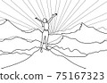 Line art drawing of successful woman hiker enjoy  the view with arms open on cliff edge top of mountain and sunshine background. 75167323