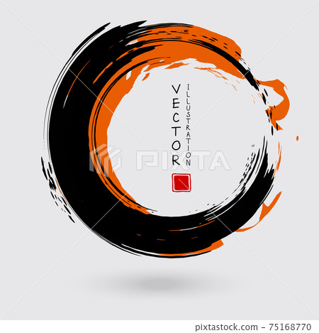 Black and orange ink round stroke on white background. Black and orange ink round stroke on white background. 75168770