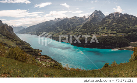 Beautiful high angle view over lake Walen in Sankt Gallen Switzerland Beautiful high angle view over lake Walen in Sankt Gallen Switzerland 75172122
