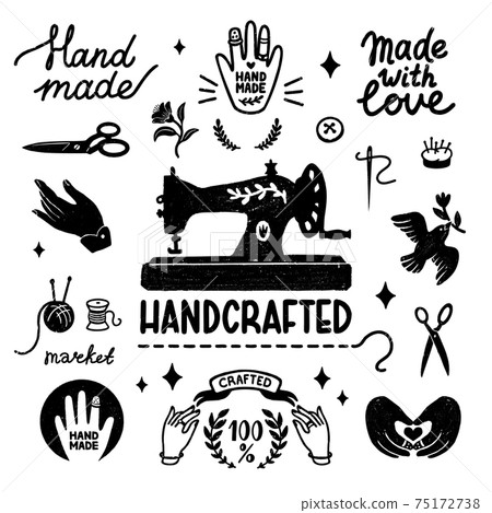 Handmade and handcrafted vector icons set - vintage elements in stamp style, sewing machine and hand made letterings. Vintage vector illustration for banner and label design. Handmade and handcrafted vector icons set - vintage elements in stamp style, sewing machine and hand made letterings. Vintage vector illustration for banner and label design. 75172738